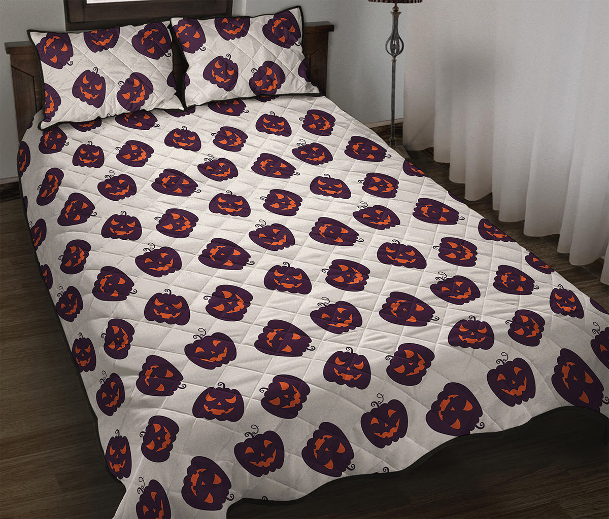 Purple Halloween Pumpkin Pattern Print Quilt Bed Set