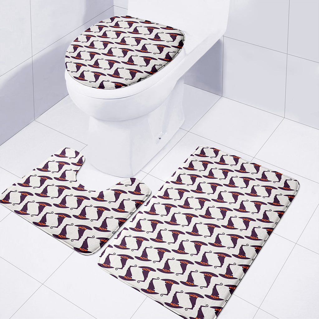 Purple Halloween Witch Hat Pattern Print 3 Piece Bath Mat Set