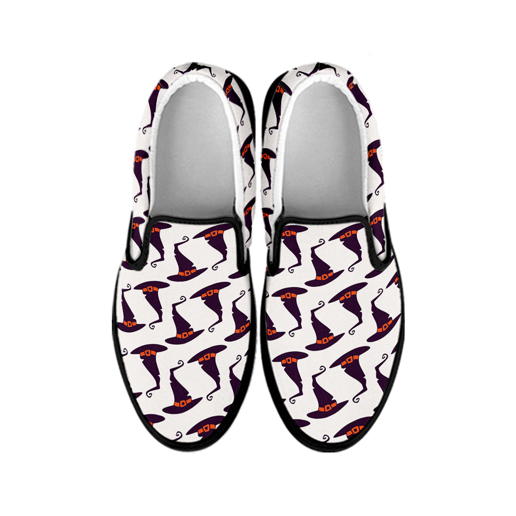 Purple Halloween Witch Hat Pattern Print Black Slip On Shoes
