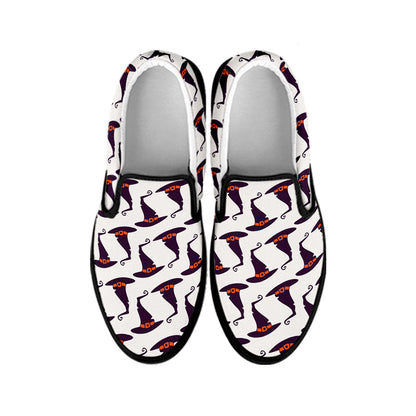 Purple Halloween Witch Hat Pattern Print Black Slip On Shoes
