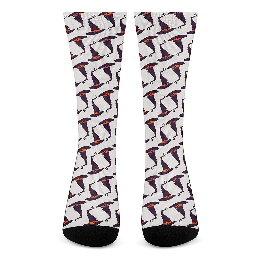 Purple Halloween Witch Hat Pattern Print Crew Socks