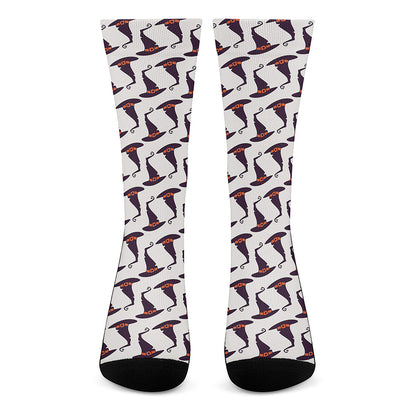 Purple Halloween Witch Hat Pattern Print Crew Socks