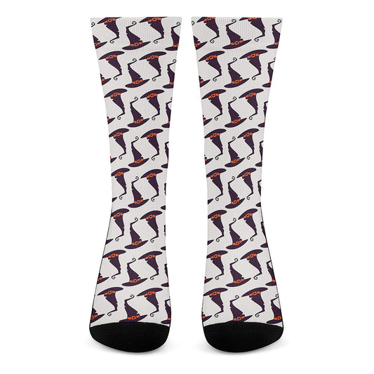 Purple Halloween Witch Hat Pattern Print Crew Socks