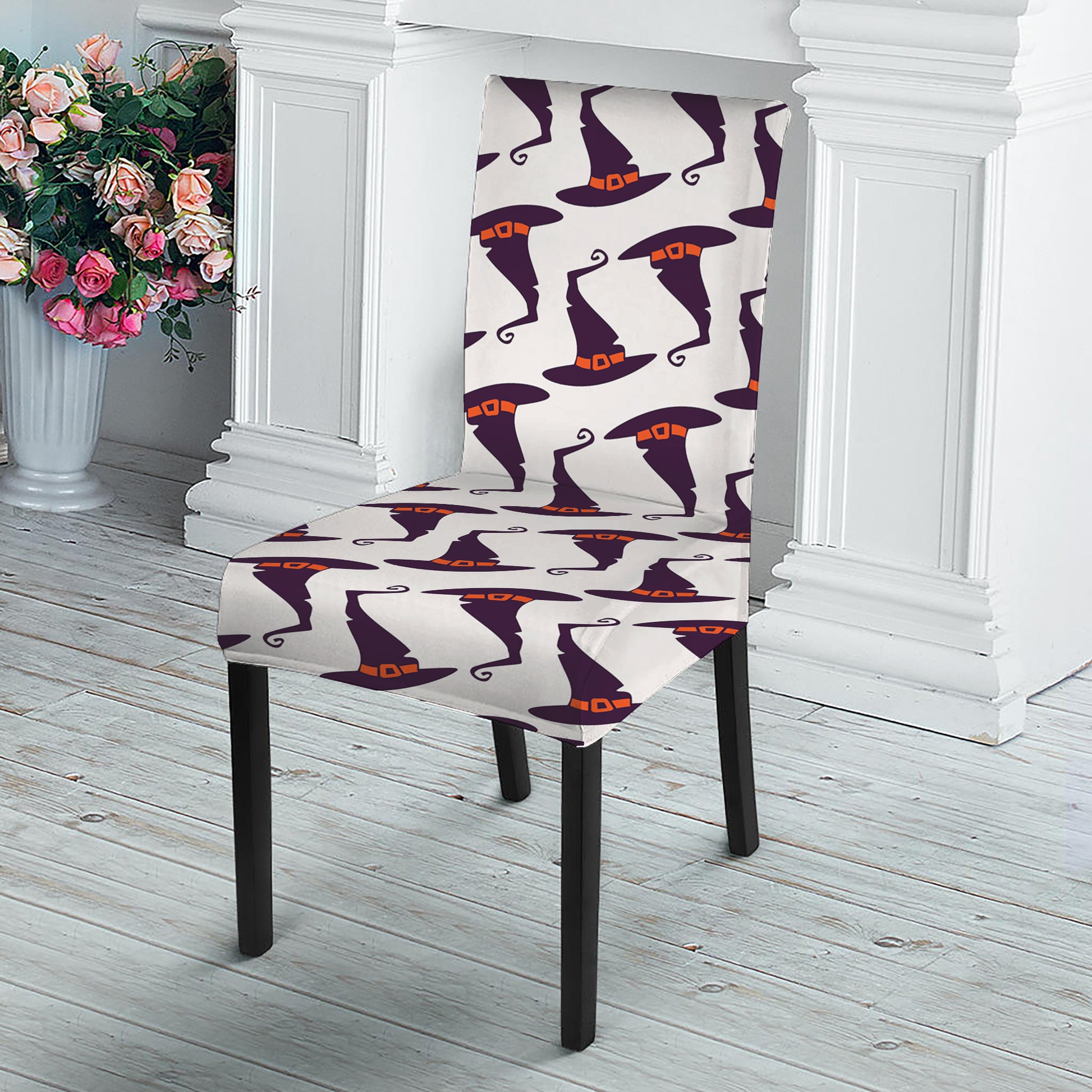 Purple Halloween Witch Hat Pattern Print Dining Chair Slipcover