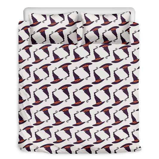 Purple Halloween Witch Hat Pattern Print Duvet Cover Bedding Set