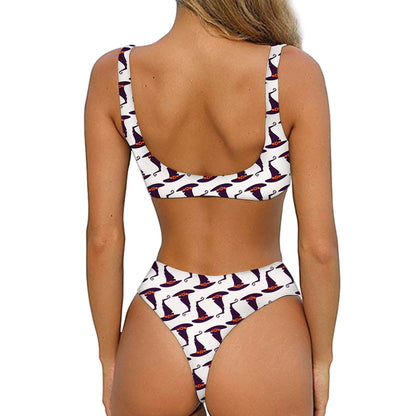 Purple Halloween Witch Hat Pattern Print Front Bow Tie Bikini