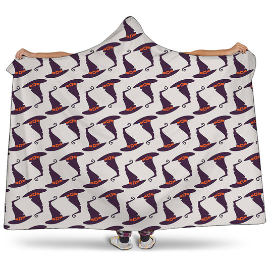 Purple Halloween Witch Hat Pattern Print Hooded Blanket