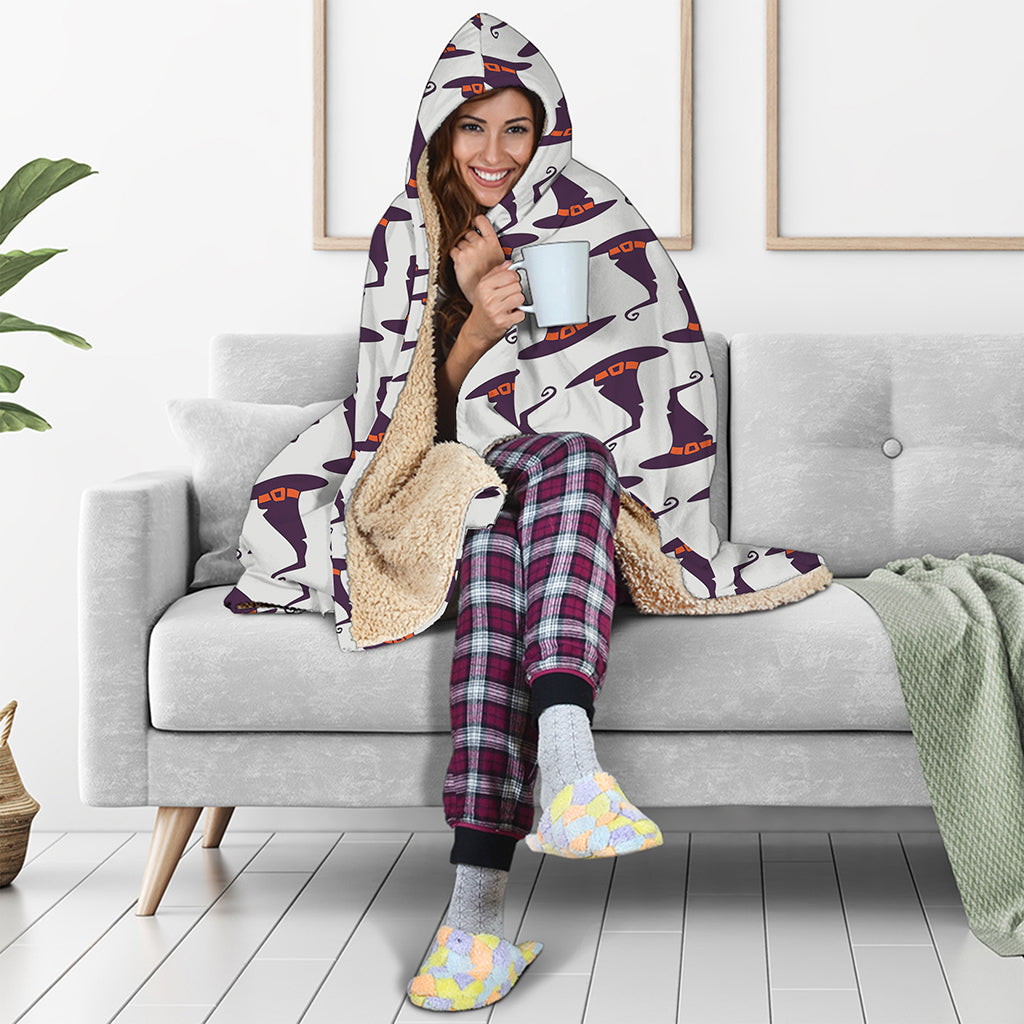 Purple Halloween Witch Hat Pattern Print Hooded Blanket