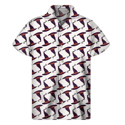 Purple Halloween Witch Hat Pattern Print Men's Short Sleeve Shirt