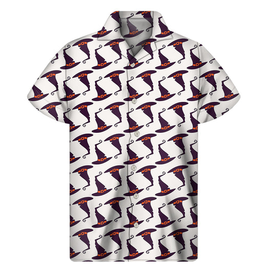 Purple Halloween Witch Hat Pattern Print Men's Short Sleeve Shirt