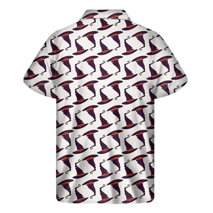 Purple Halloween Witch Hat Pattern Print Men's Short Sleeve Shirt