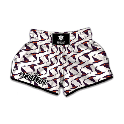 Purple Halloween Witch Hat Pattern Print Muay Thai Boxing Shorts