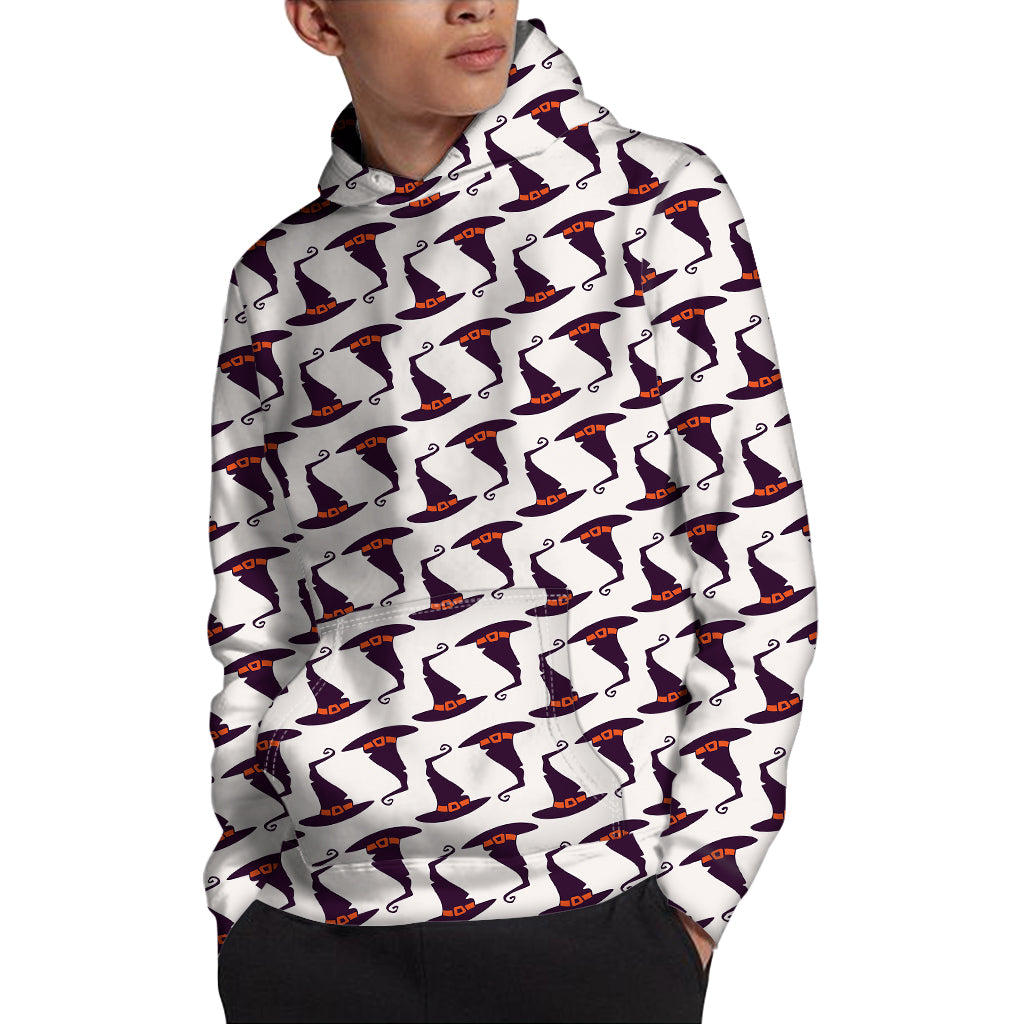Purple Halloween Witch Hat Pattern Print Pullover Hoodie
