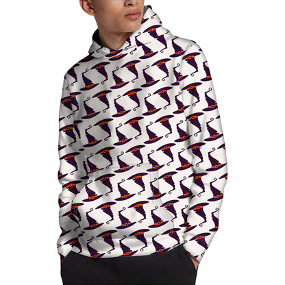Purple Halloween Witch Hat Pattern Print Pullover Hoodie