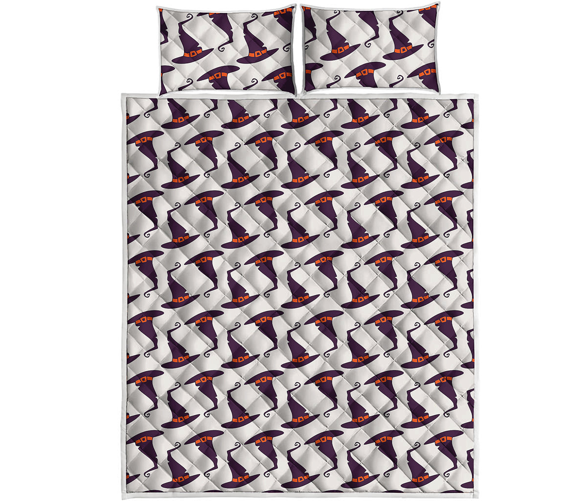 Purple Halloween Witch Hat Pattern Print Quilt Bed Set