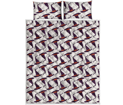 Purple Halloween Witch Hat Pattern Print Quilt Bed Set