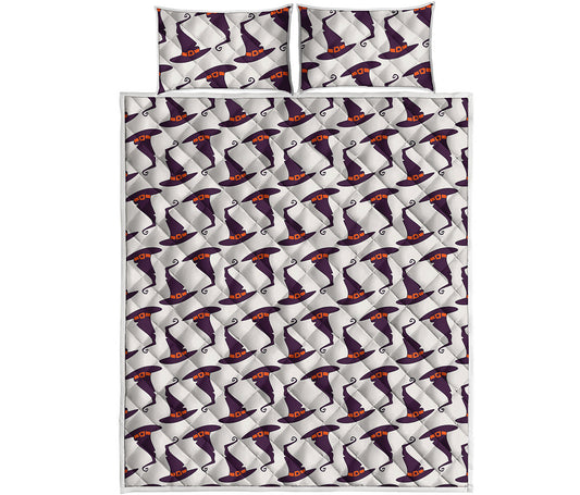 Purple Halloween Witch Hat Pattern Print Quilt Bed Set