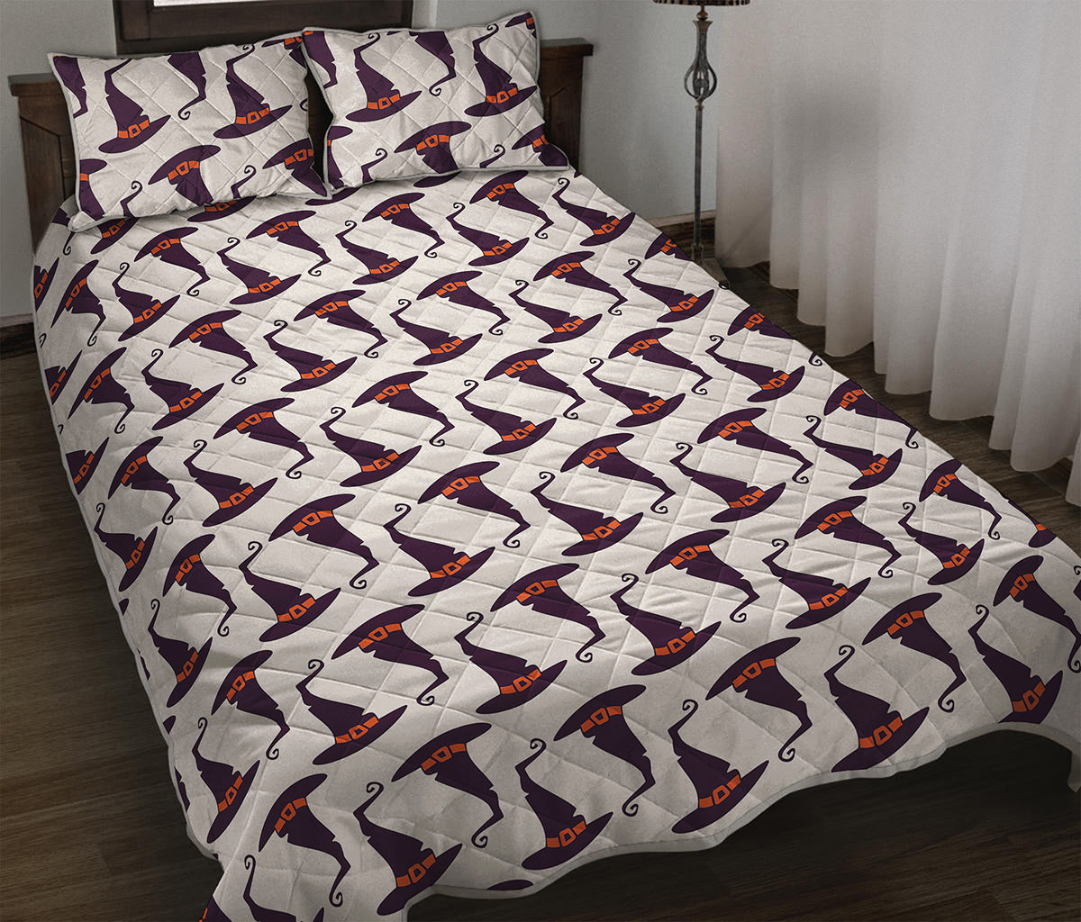 Purple Halloween Witch Hat Pattern Print Quilt Bed Set