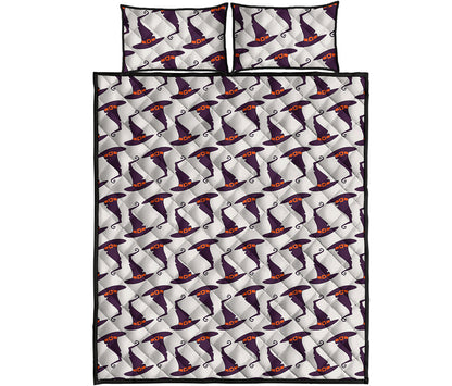 Purple Halloween Witch Hat Pattern Print Quilt Bed Set