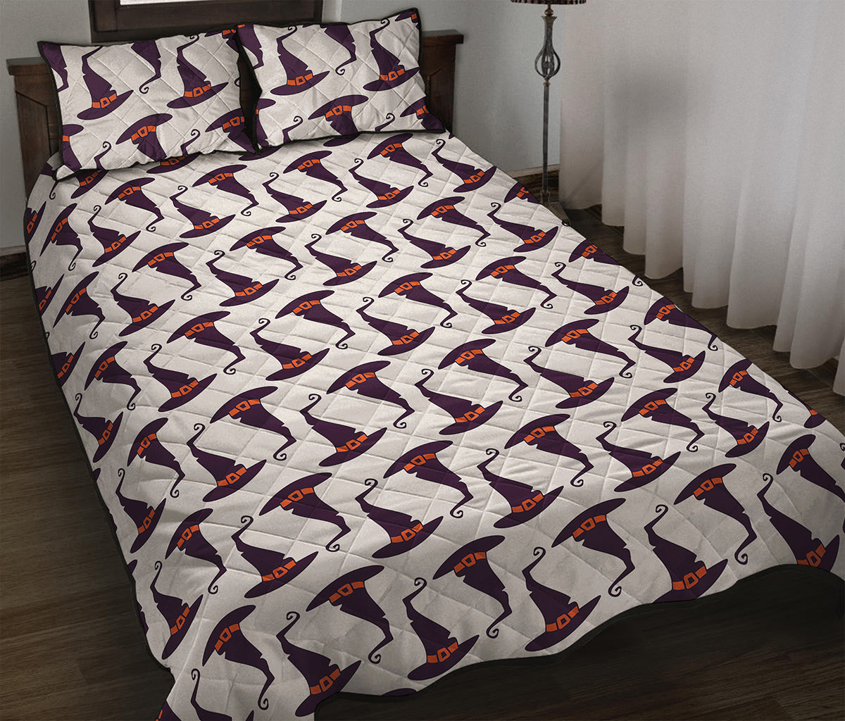 Purple Halloween Witch Hat Pattern Print Quilt Bed Set