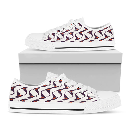 Purple Halloween Witch Hat Pattern Print White Low Top Shoes
