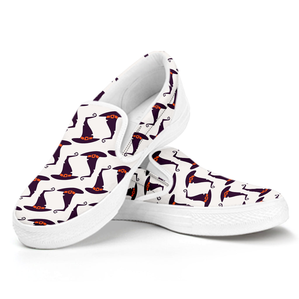 Purple Halloween Witch Hat Pattern Print White Slip On Shoes