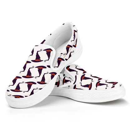 Purple Halloween Witch Hat Pattern Print White Slip On Shoes