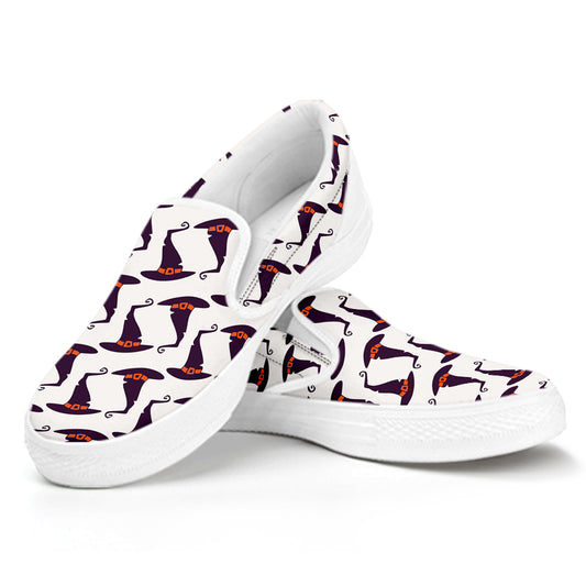 Purple Halloween Witch Hat Pattern Print White Slip On Shoes