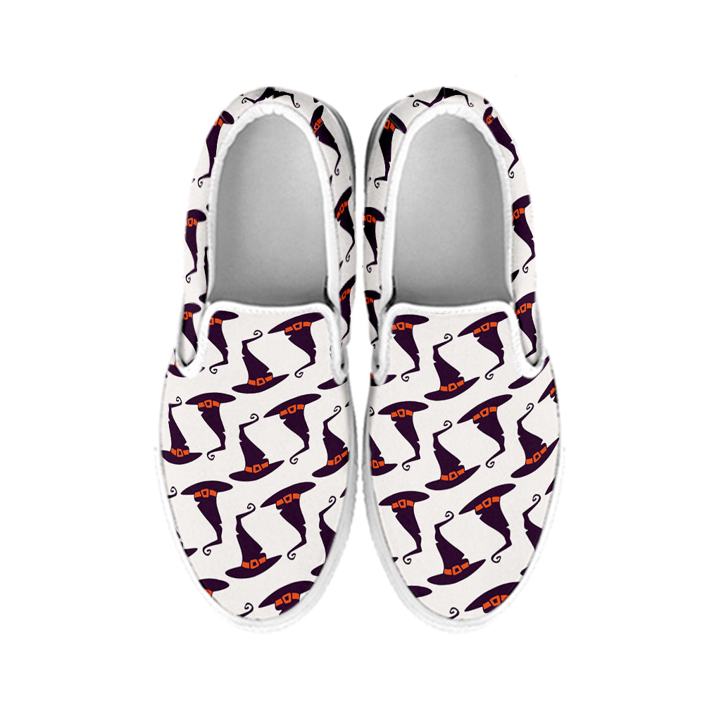 Purple Halloween Witch Hat Pattern Print White Slip On Shoes