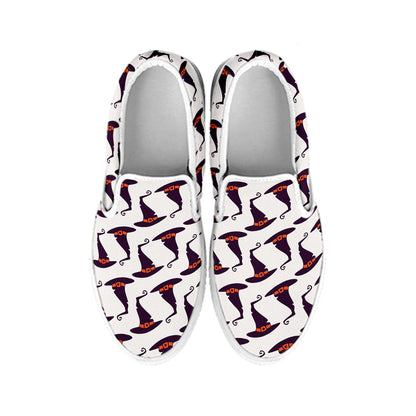 Purple Halloween Witch Hat Pattern Print White Slip On Shoes