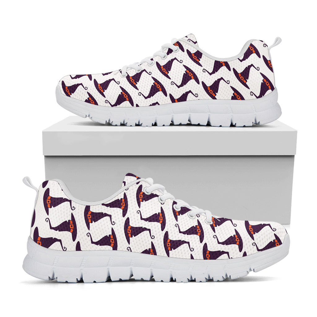 Purple Halloween Witch Hat Pattern Print White Sneakers
