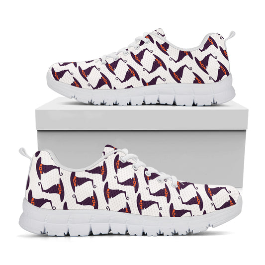 Purple Halloween Witch Hat Pattern Print White Sneakers