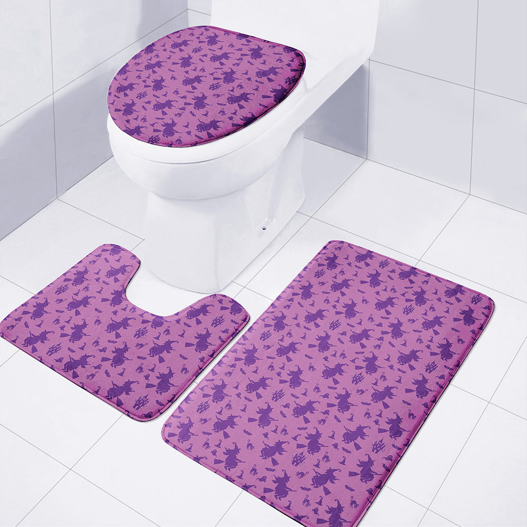 Purple Halloween Witch Pattern Print 3 Piece Bath Mat Set