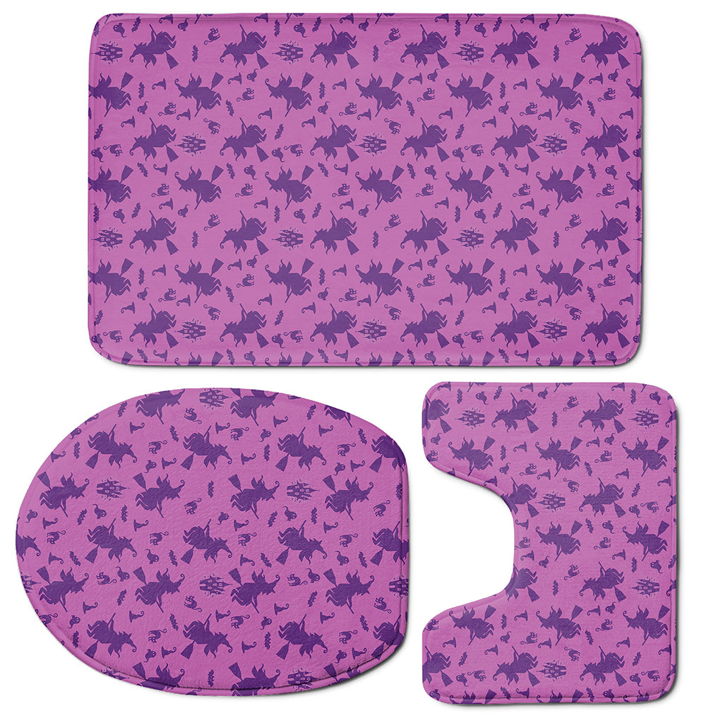 Purple Halloween Witch Pattern Print 3 Piece Bath Mat Set