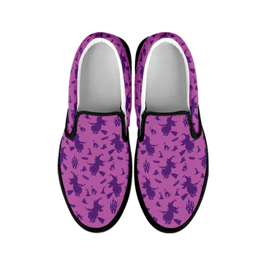 Purple Halloween Witch Pattern Print Black Slip On Shoes