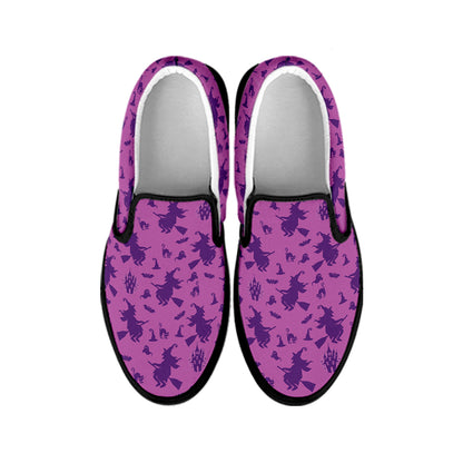 Purple Halloween Witch Pattern Print Black Slip On Shoes