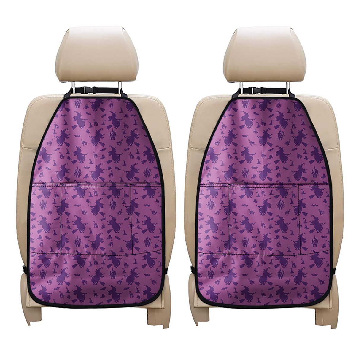 Purple Halloween Witch Pattern Print Car Seat Organizers