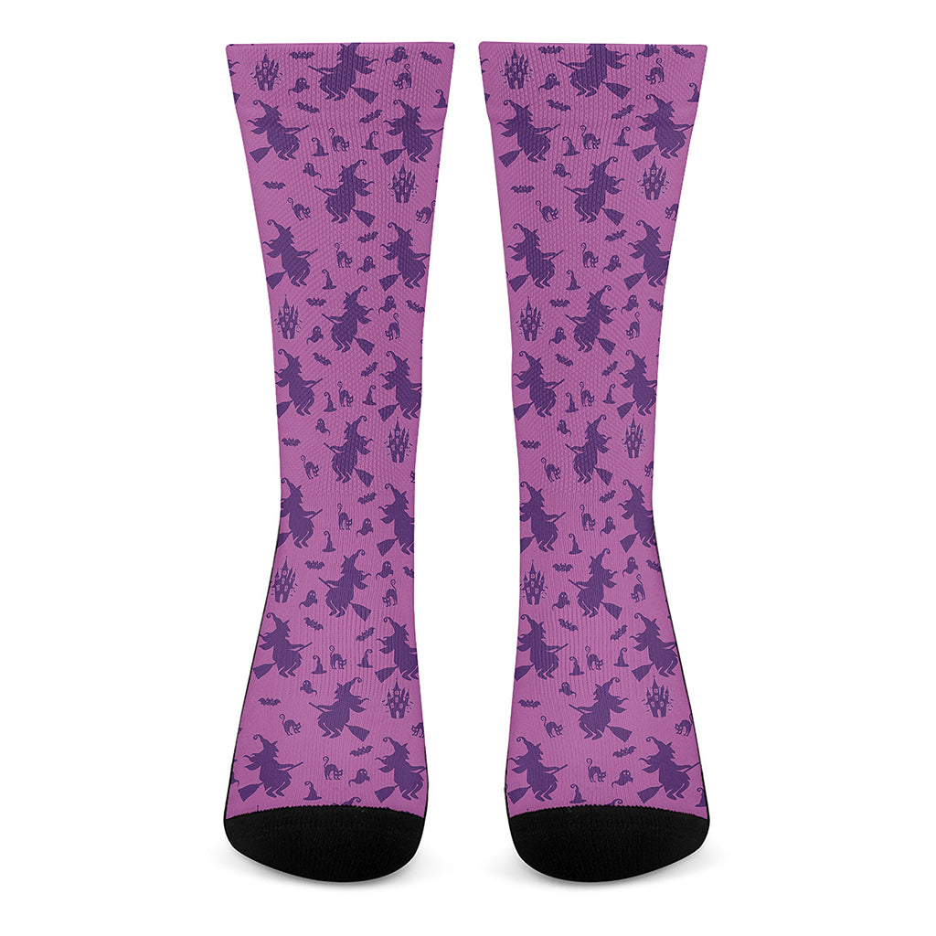 Purple Halloween Witch Pattern Print Crew Socks