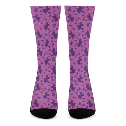 Purple Halloween Witch Pattern Print Crew Socks