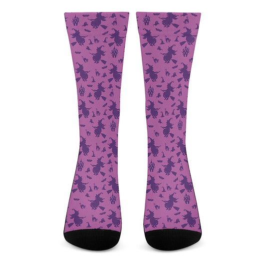 Purple Halloween Witch Pattern Print Crew Socks