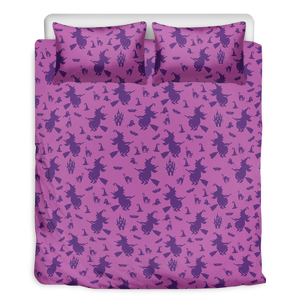 Purple Halloween Witch Pattern Print Duvet Cover Bedding Set