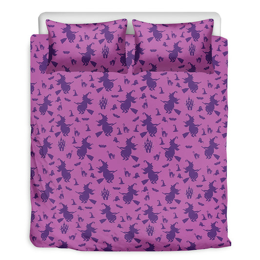 Purple Halloween Witch Pattern Print Duvet Cover Bedding Set