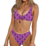 Purple Halloween Witch Pattern Print Front Bow Tie Bikini