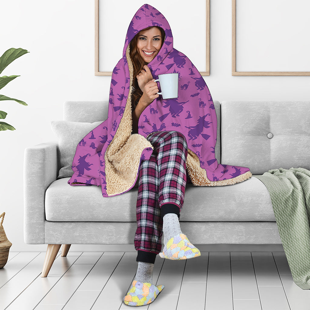 Purple Halloween Witch Pattern Print Hooded Blanket