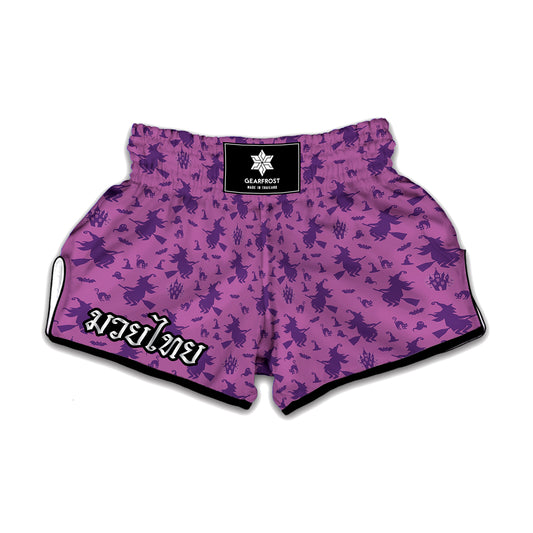 Purple Halloween Witch Pattern Print Muay Thai Boxing Shorts
