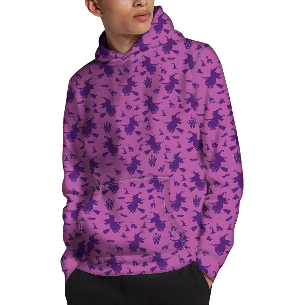 Purple Halloween Witch Pattern Print Pullover Hoodie