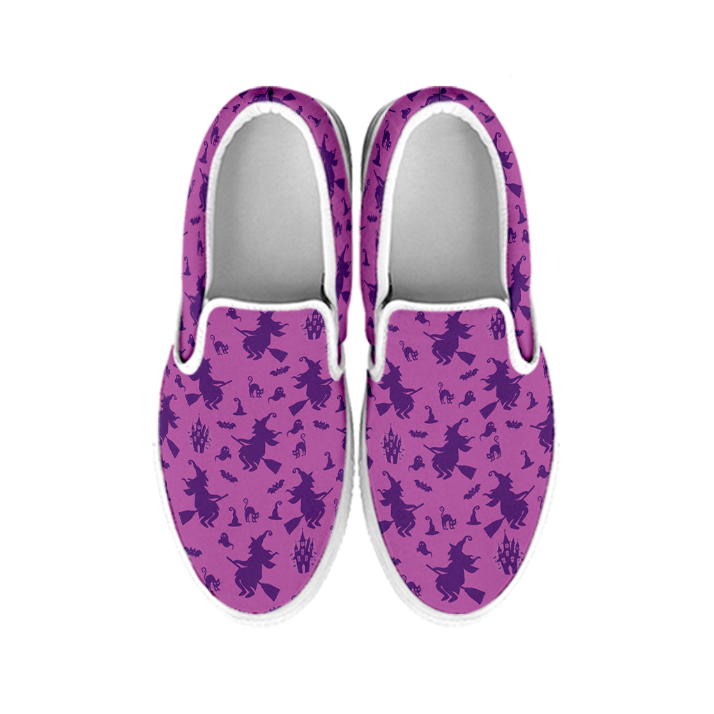 Purple Halloween Witch Pattern Print White Slip On Shoes