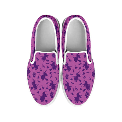 Purple Halloween Witch Pattern Print White Slip On Shoes