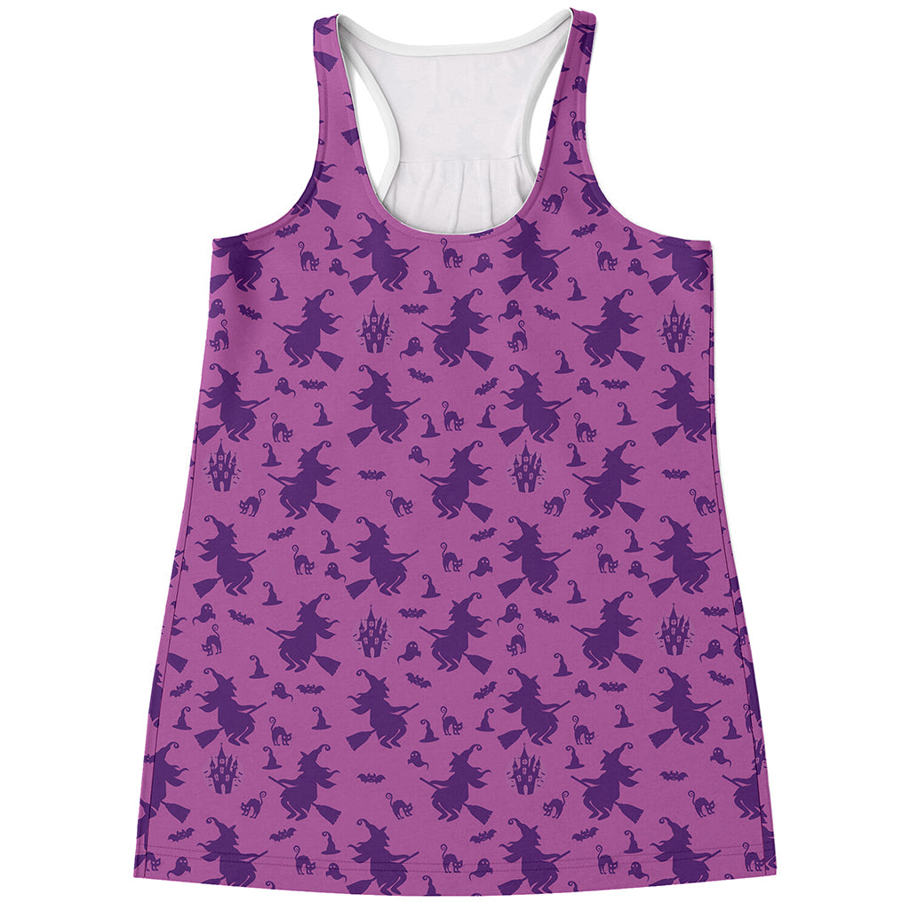 Purple Halloween Witch Pattern Print Women's Racerback Tank Top
