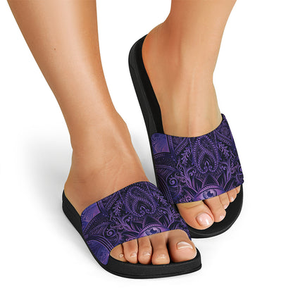 Purple Hamsa Hand Print Black Slide Sandals